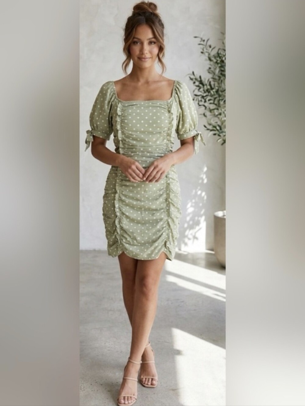 NWT Lumiere Sara Sage Green Polka Dot Ruched Mini Dress Small